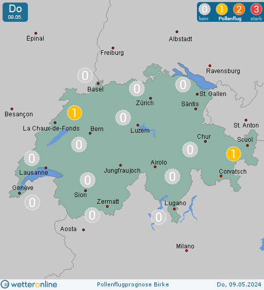 Lugano: Pollenflugvorhersage Birke für Dienstag, den 30.05.2023