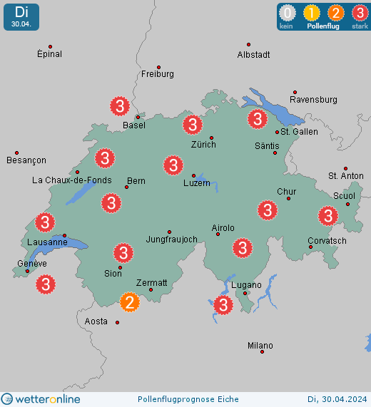 Chur: Pollenflugvorhersage Eiche für Dienstag, den 06.06.2023