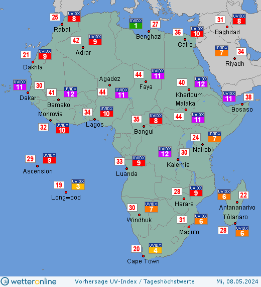 Afrika: UV-Index-Vorhersage für Mittwoch, den 07.06.2023