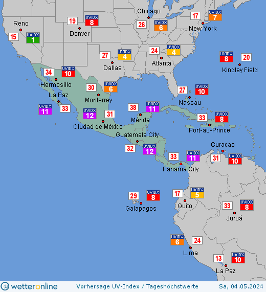 Mittelamerika: UV-Index-Vorhersage für Freitag, den 22.09.2023