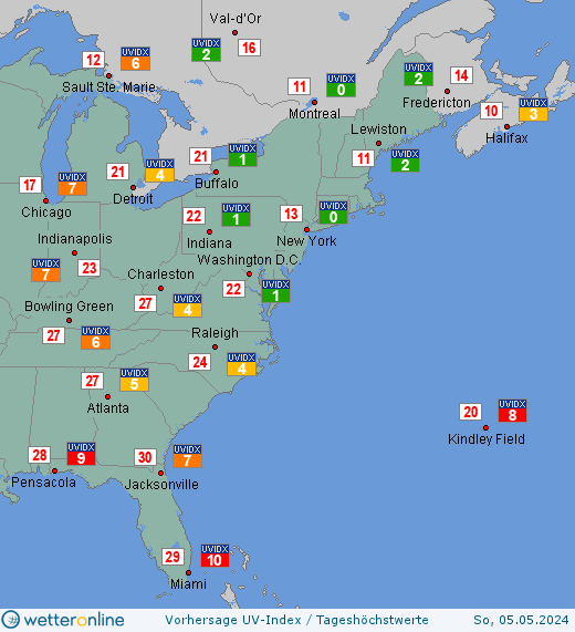 US-Ostküste: UV-Index-Vorhersage für Montag, den 02.10.2023