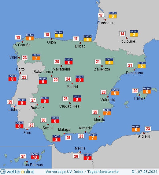 Spanien: UV-Index-Vorhersage für Montag, den 02.10.2023