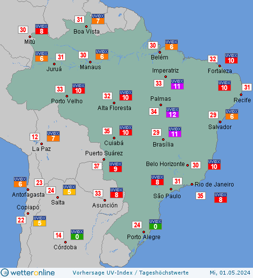 Brasilien: UV-Index-Vorhersage für Samstag, den 02.12.2023
