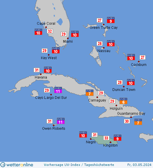Jamaika: UV-Index-Vorhersage für Donnerstag, den 22.02.2024