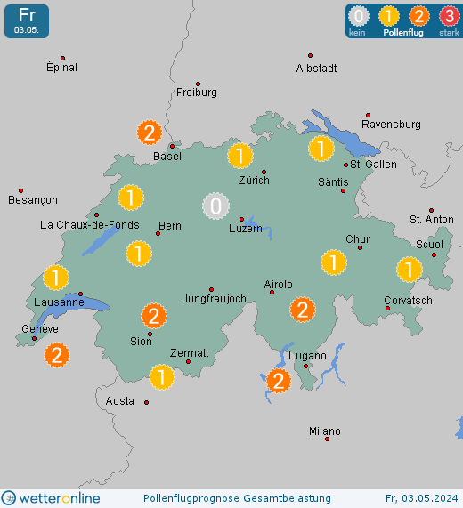 Schweiz: Pollenflugvorhersage Gesamtbelastung für Samstag, den 24.02.2024