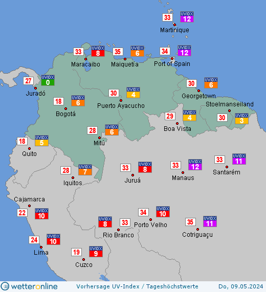 Nördliches Südamerika: UV-Index-Vorhersage für Sonntag, den 25.02.2024
