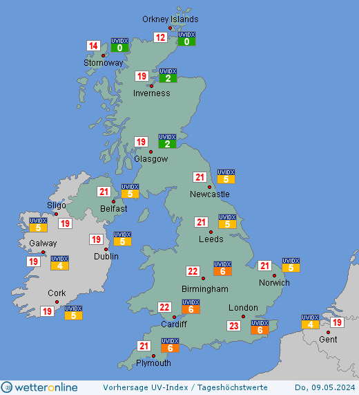 Vereinigtes Königreich: UV-Index-Vorhersage für Sonntag, den 25.02.2024