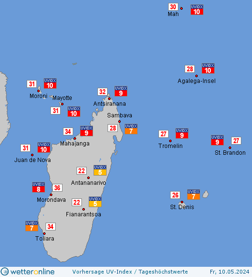 Seychellen: UV-Index-Vorhersage für Donnerstag, den 28.03.2024