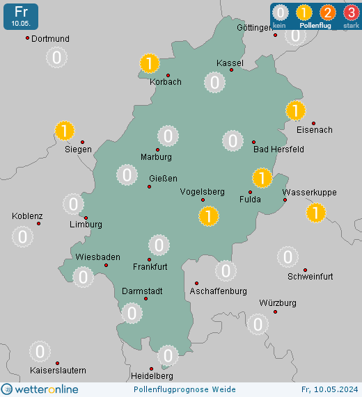 Odenwald (in 400m): Pollenflugvorhersage Weide für Freitag, den 29.03.2024