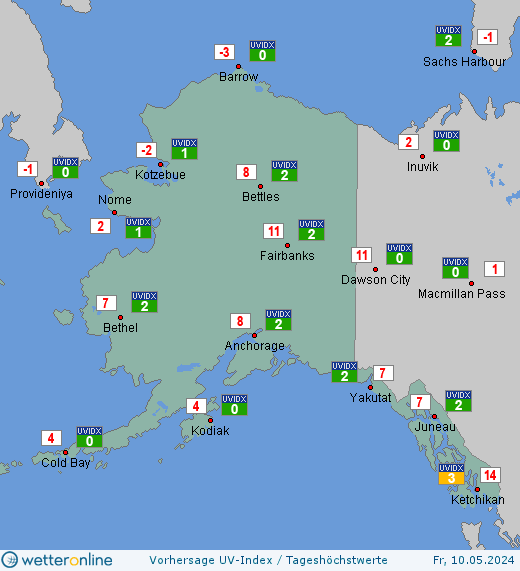Alaska: UV-Index-Vorhersage für Freitag, den 29.03.2024