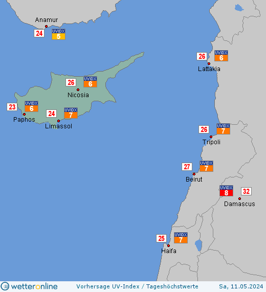Zypern: UV-Index-Vorhersage für Freitag, den 29.03.2024