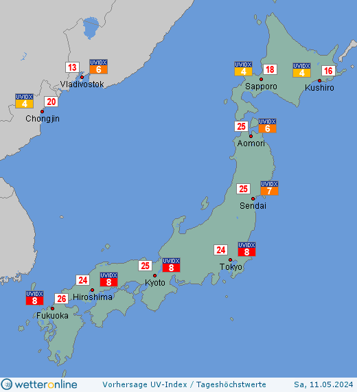 Japan: UV-Index-Vorhersage für Freitag, den 29.03.2024
