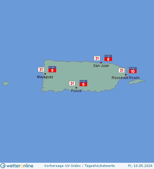 Puerto Rico: UV-Index-Vorhersage für Freitag, den 29.03.2024