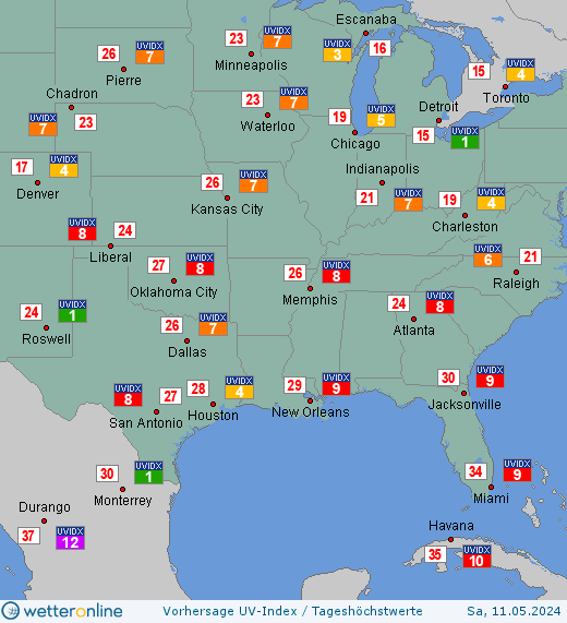 Südstaaten: UV-Index-Vorhersage für Dienstag, den 16.04.2024