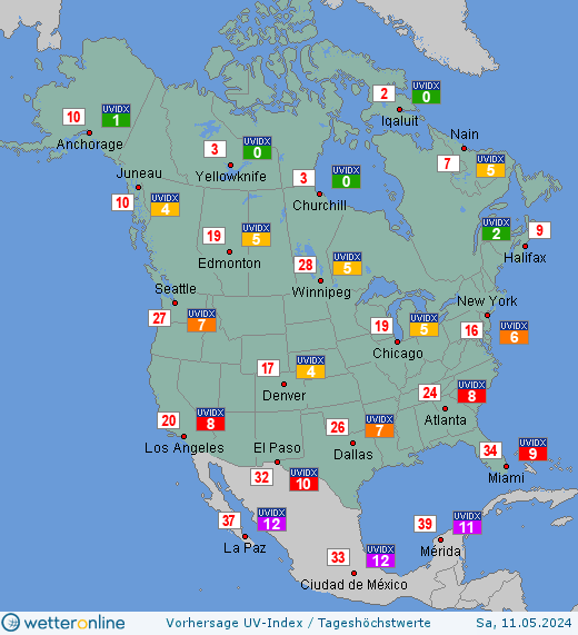 Nordamerika: UV-Index-Vorhersage für Dienstag, den 16.04.2024