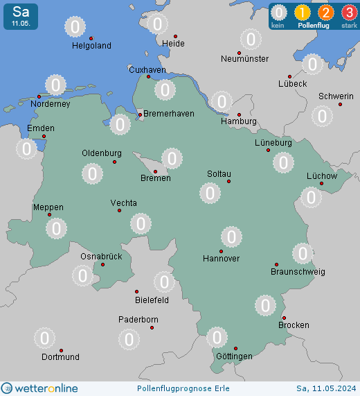 Niedersachsen: Pollenflugvorhersage Erle für Mittwoch, den 17.04.2024