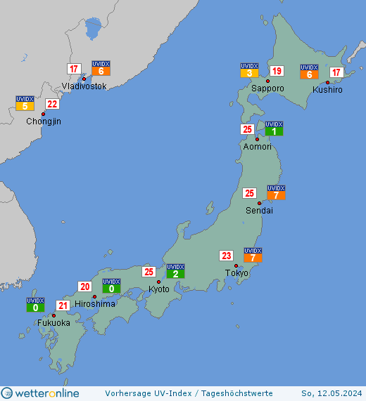 Japan: UV-Index-Vorhersage für Mittwoch, den 17.04.2024