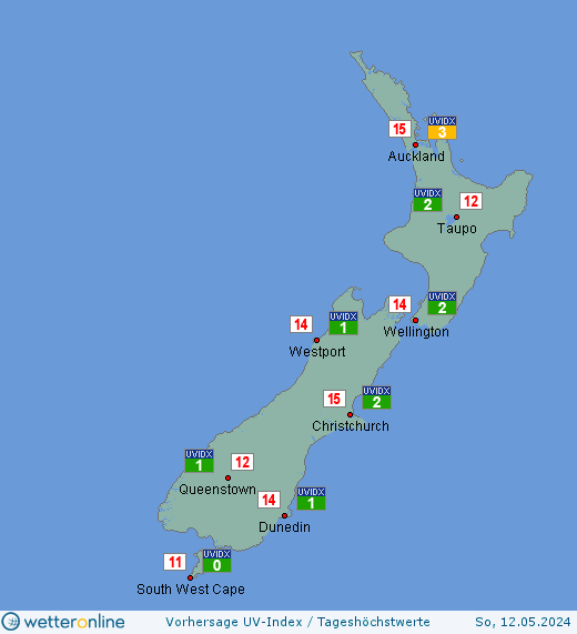 Neuseeland: UV-Index-Vorhersage für Mittwoch, den 17.04.2024