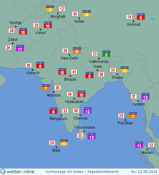 Südasien: UV-Index-Vorhersage für Donnerstag, den 18.04.2024