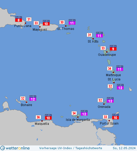 Kleine Antillen: UV-Index-Vorhersage für Donnerstag, den 18.04.2024