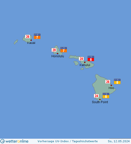 Hawaii-Inseln: UV-Index-Vorhersage für Donnerstag, den 18.04.2024