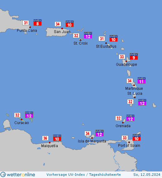 Niederländische Antillen: UV-Index-Vorhersage für Donnerstag, den 18.04.2024