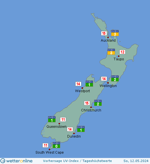 Neuseeland: UV-Index-Vorhersage für Donnerstag, den 18.04.2024