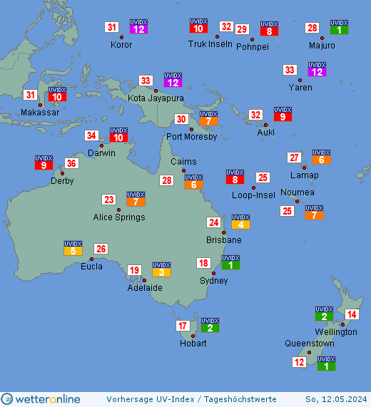 Ozeanien: UV-Index-Vorhersage für Donnerstag, den 18.04.2024