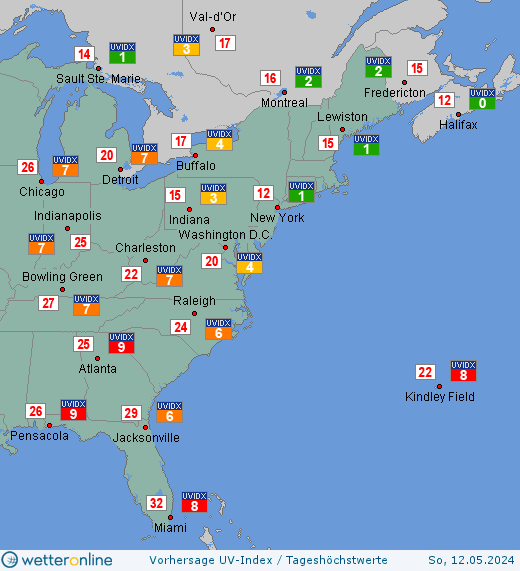 US-Ostküste: UV-Index-Vorhersage für Freitag, den 19.04.2024