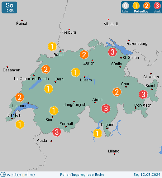 Schweiz: Pollenflugvorhersage Eiche für Freitag, den 19.04.2024