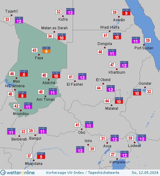 Tschad: UV-Index-Vorhersage für Freitag, den 19.04.2024