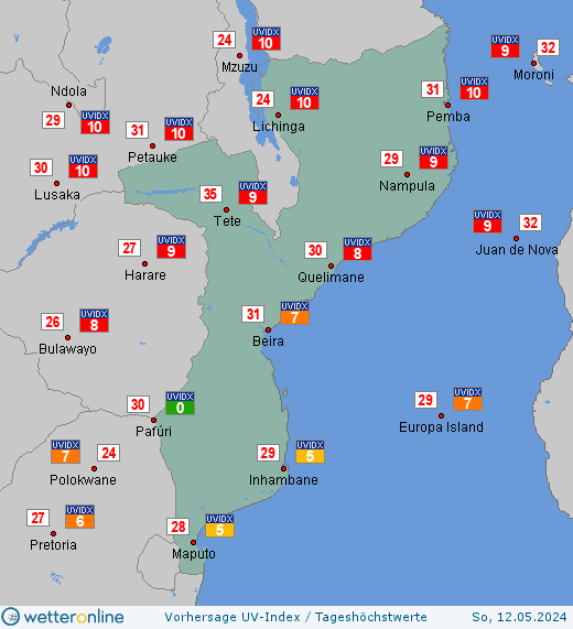 Mosambik: UV-Index-Vorhersage für Freitag, den 19.04.2024
