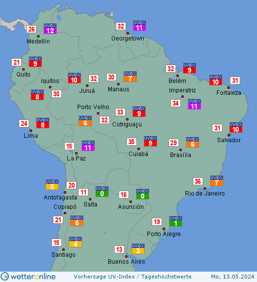 Mittleres Südamerika: UV-Index-Vorhersage für Samstag, den 20.04.2024