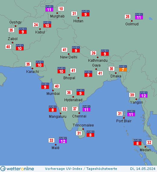 Südasien: UV-Index-Vorhersage für Samstag, den 20.04.2024