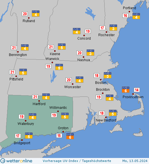 Connecticut: UV-Index-Vorhersage für Samstag, den 20.04.2024