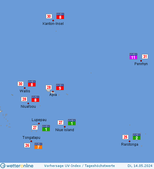 Futuna und Wallis: UV-Index-Vorhersage für Samstag, den 20.04.2024