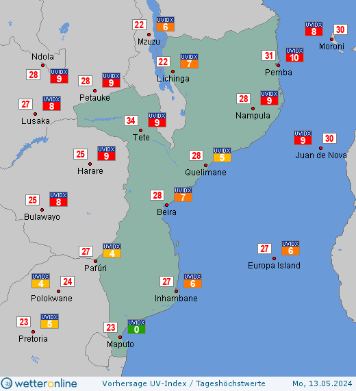 Mosambik: UV-Index-Vorhersage für Samstag, den 20.04.2024