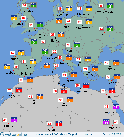 Südeuropa: UV-Index-Vorhersage für Dienstag, den 23.04.2024