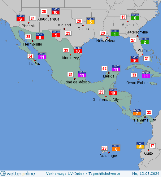 Zentralamerika: UV-Index-Vorhersage für Dienstag, den 23.04.2024