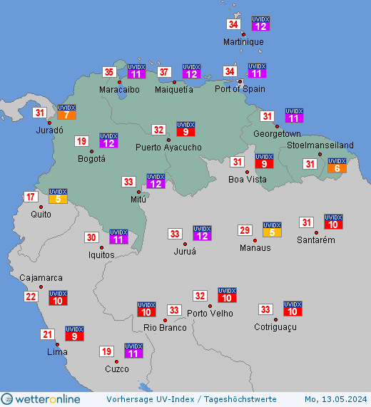 Nördliches Südamerika: UV-Index-Vorhersage für Dienstag, den 23.04.2024