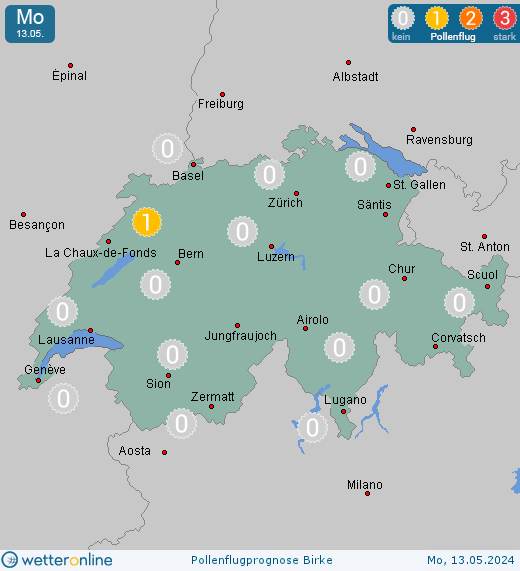 Schweiz: Pollenflugvorhersage Birke für Dienstag, den 23.04.2024
