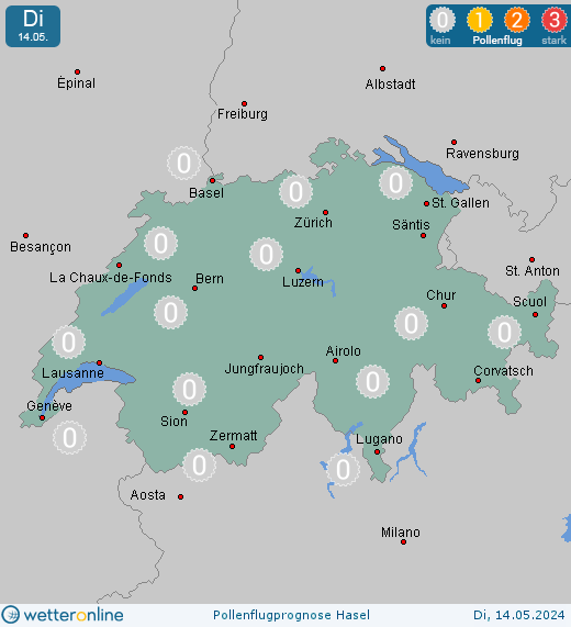 Lausanne: Pollenflugvorhersage Hasel für Dienstag, den 23.04.2024