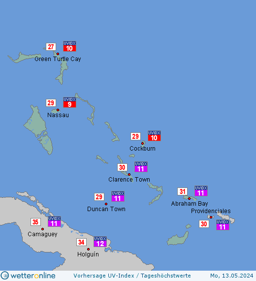Bahamas: UV-Index-Vorhersage für Dienstag, den 23.04.2024