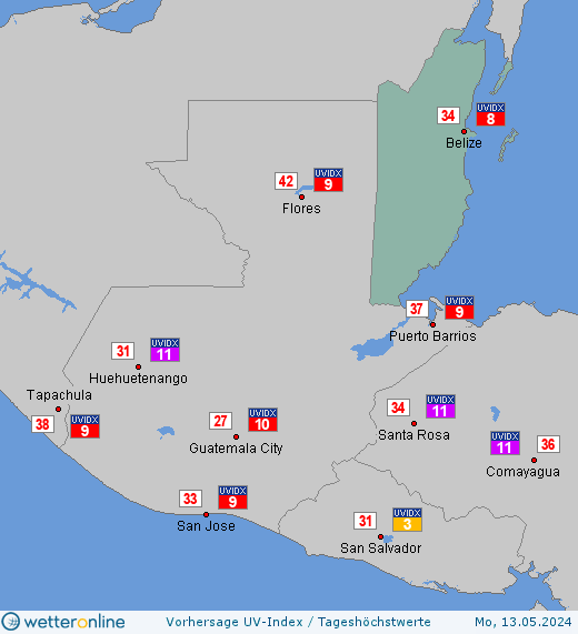 Belize: UV-Index-Vorhersage für Dienstag, den 23.04.2024