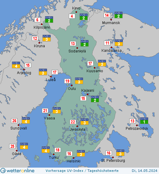 Finnland: UV-Index-Vorhersage für Dienstag, den 23.04.2024