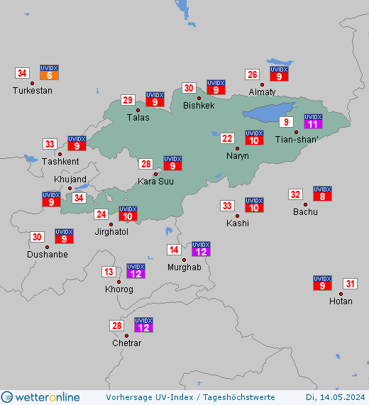 Kirgisistan: UV-Index-Vorhersage für Dienstag, den 23.04.2024