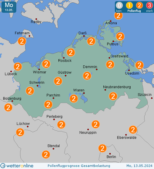 Mecklenburg-Vorpommern: Pollenflugvorhersage Gesamtbelastung für Dienstag, den 23.04.2024