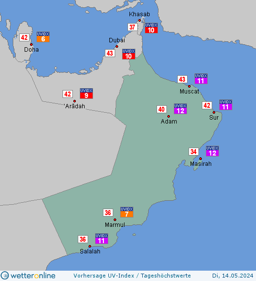 Oman: UV-Index-Vorhersage für Dienstag, den 23.04.2024