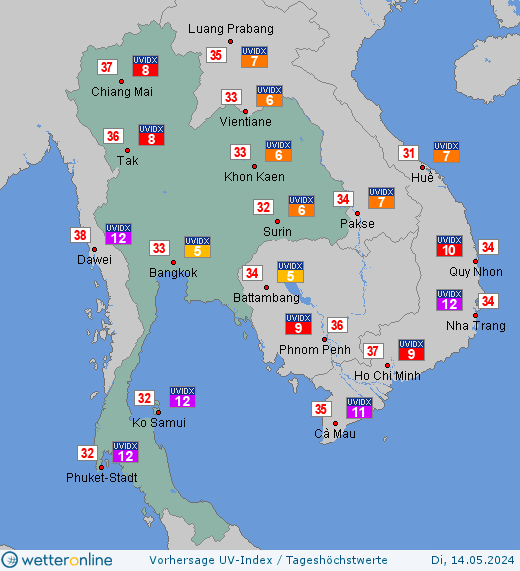 Thailand: UV-Index-Vorhersage für Dienstag, den 23.04.2024