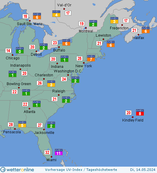 US-Ostküste: UV-Index-Vorhersage für Mittwoch, den 24.04.2024